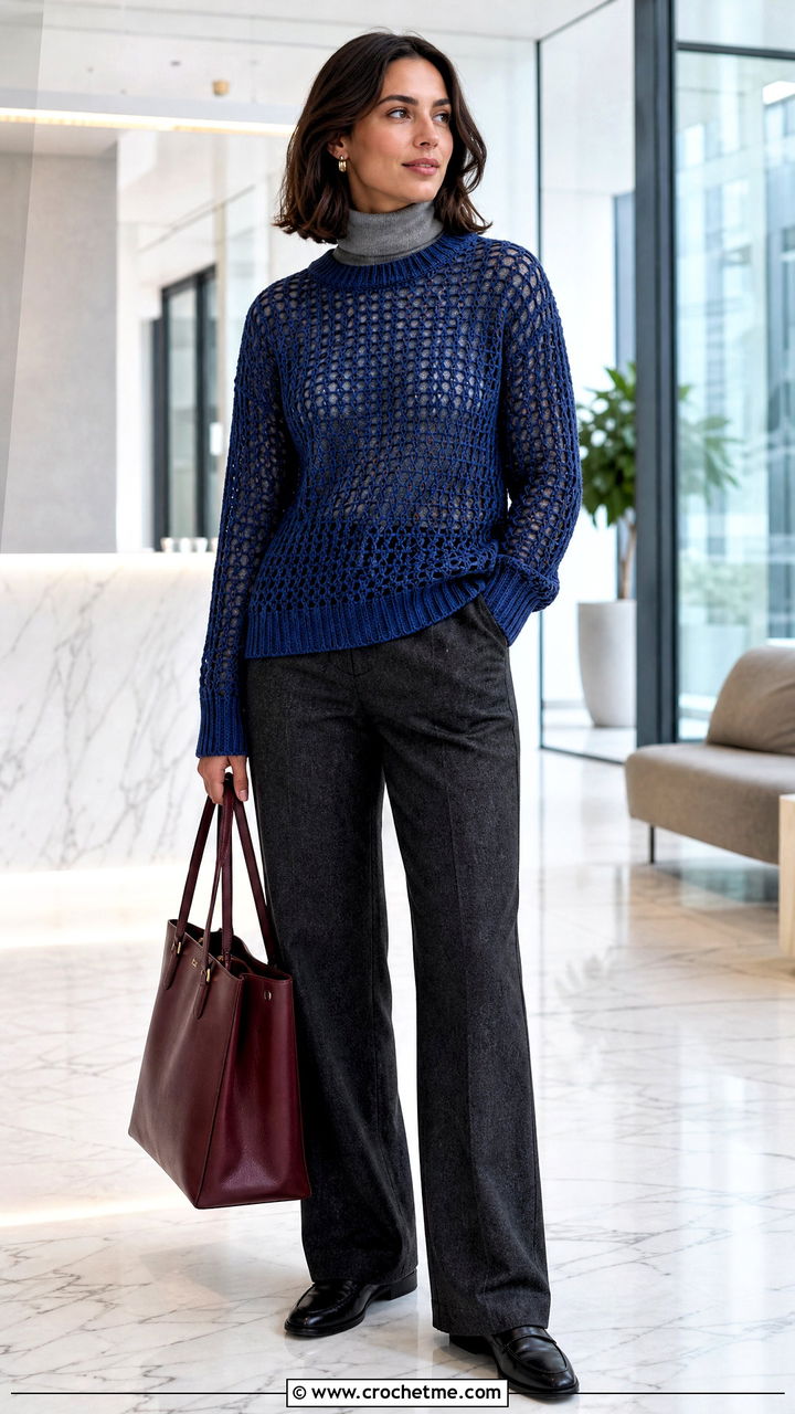 Ribbed Cuff Net Sweater With Wool Trousers - 35 crochet net top outfit ideas