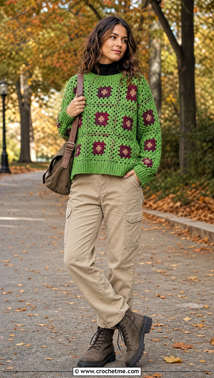 Ribbed Cuff Oversized Granny Square Sweater With Utility Pants - 30 oversized granny square sweater outfit ideas