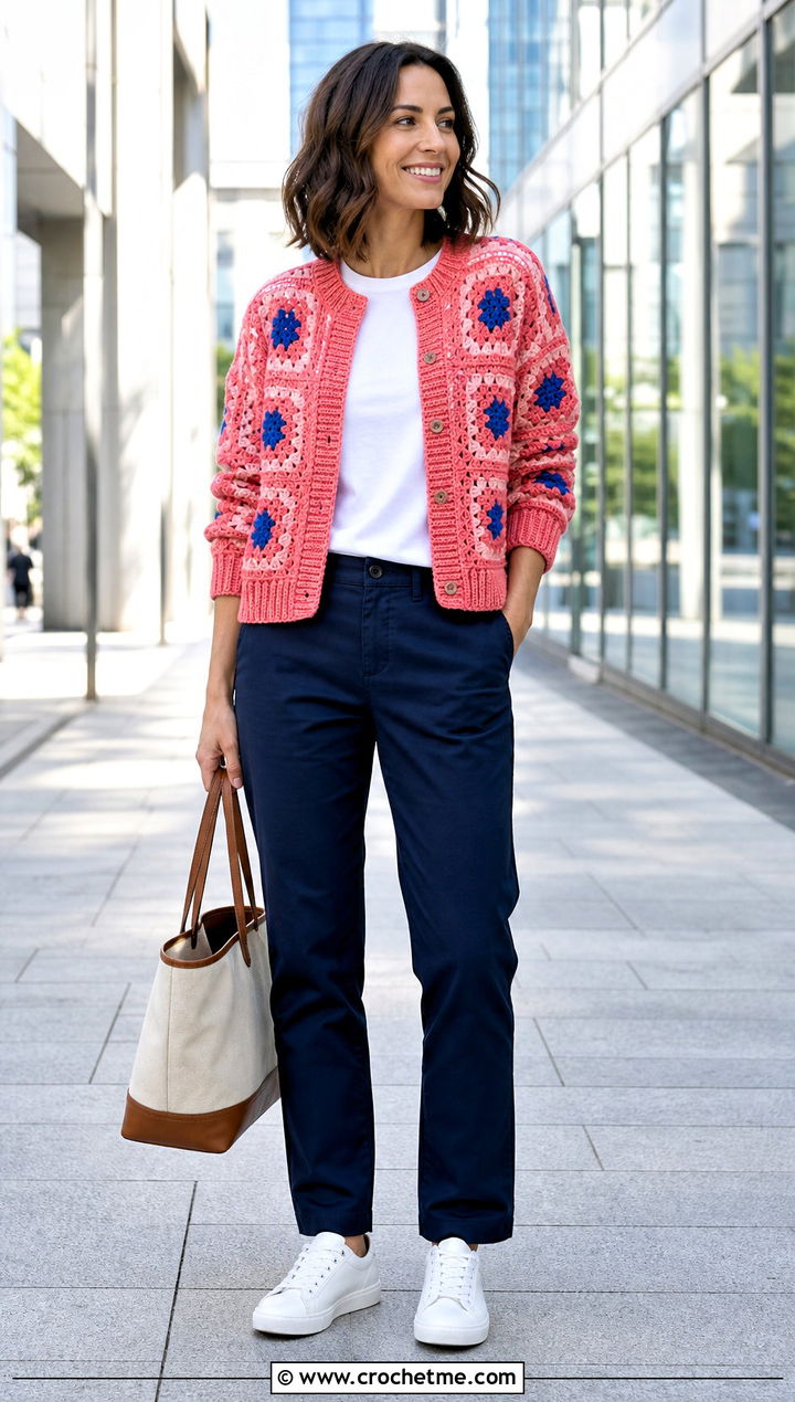 Ribbed Cuff Pink Granny Square Cardigan With Chinos - 35 pink granny square cardigan outfit ideas