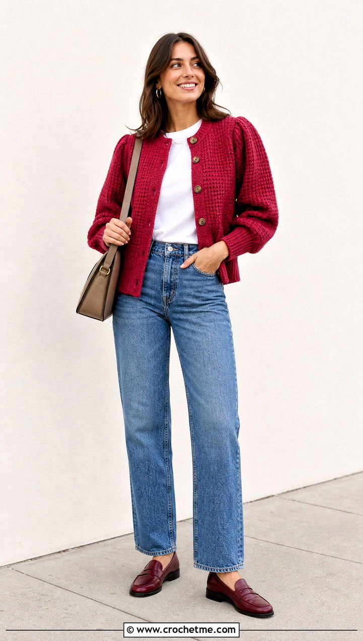 Ribbed Cuff Puff Sleeve Cardigan With Straight Jeans - 25 Crochet Puffy Sleeves Cardigan outfit ideas