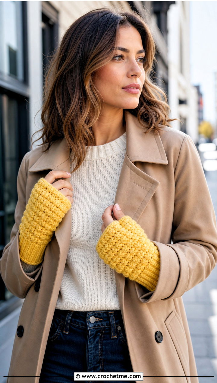 Ribbed Cuff Puff Stitch Fingerless Gloves With Trench Coat - 15 Crochet Puff Stitch Fingerless Gloves outfit ideas