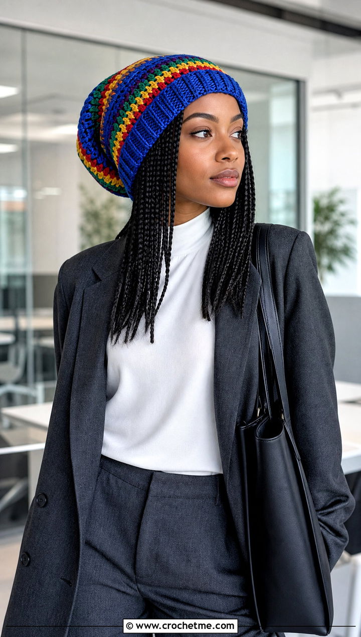 Ribbed Cuff Rasta Beanie With Blazer And Trousers - 25 crochet rasta beanie outfit ideas