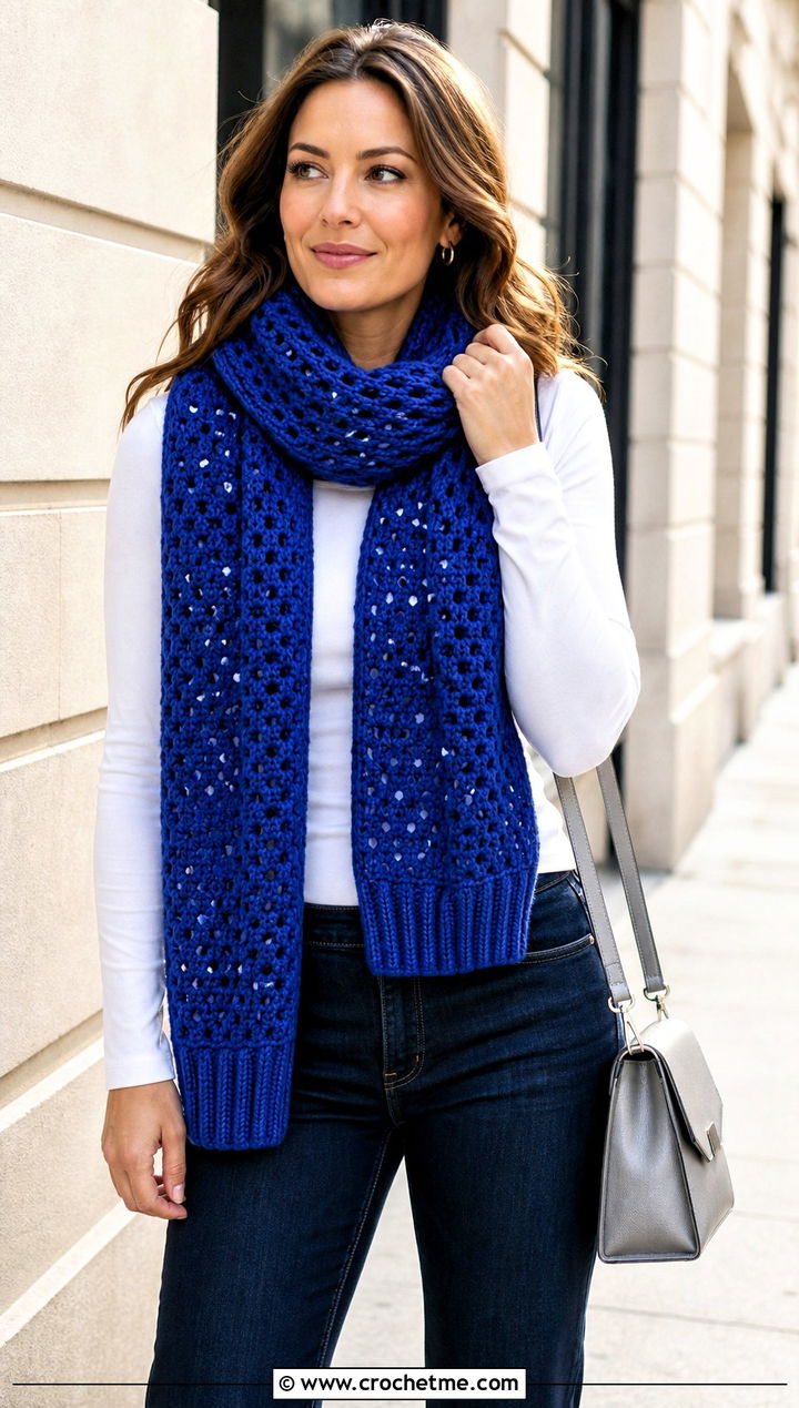 Ribbed Cuff Snowfall Crochet Sweater Scarf With Straight Leg Jeans - 15 Snowfall Crochet Sweater Scarf outfit ideas