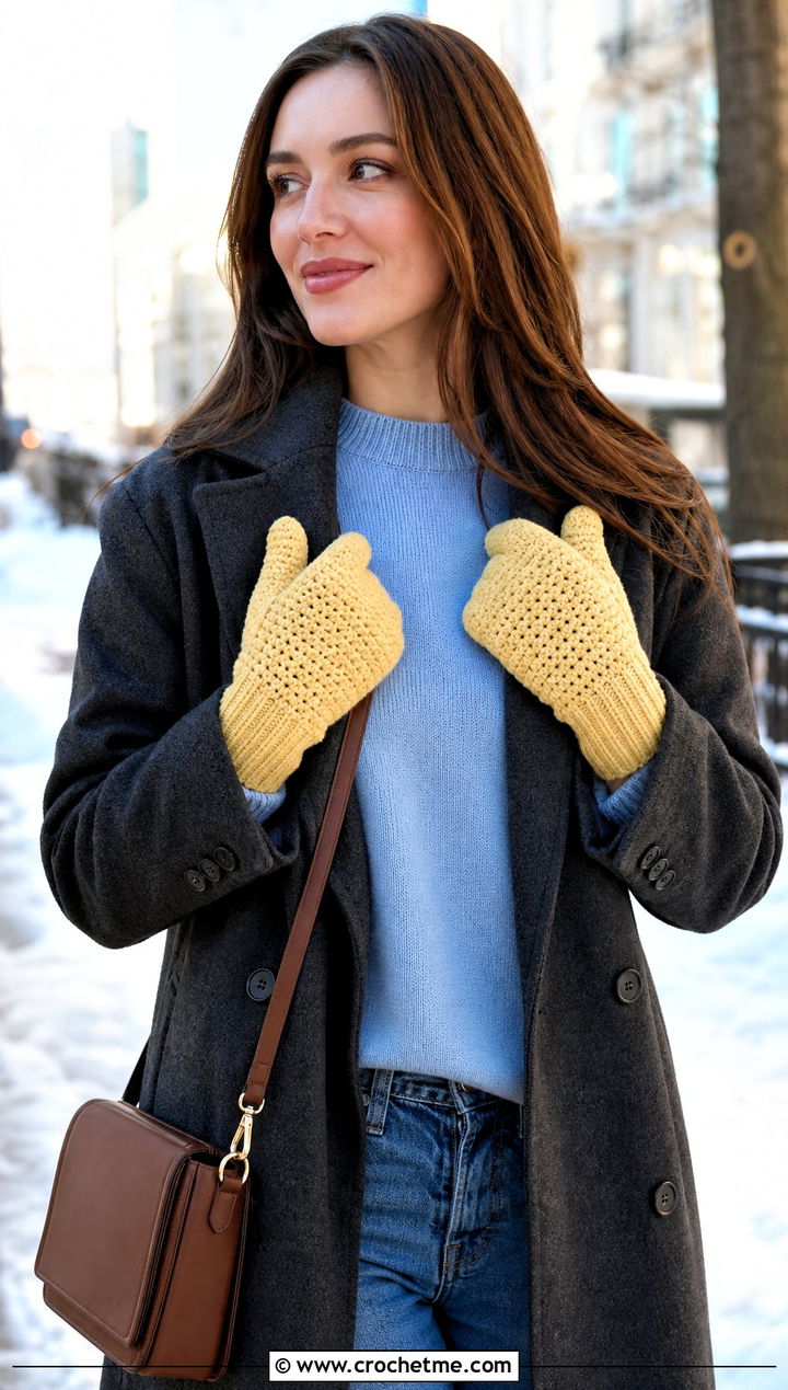 Ribbed Cuff Split Index Tabi Crochet Mittens With Wool Coat And Jeans - 25 Tabi Crochet Mittens outfit ideas