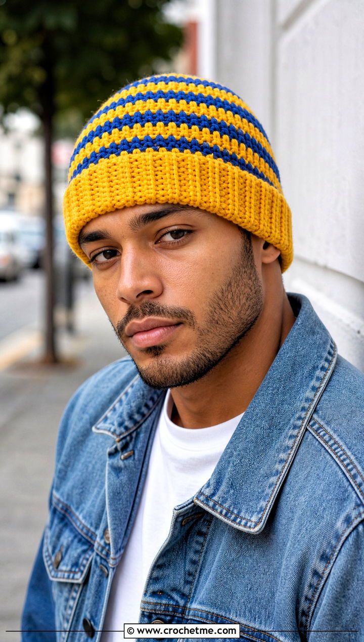 Ribbed Cuff Striped Crochet Beanie With Denim Jacket - 15 mens striped crochet beanie outfit ideas