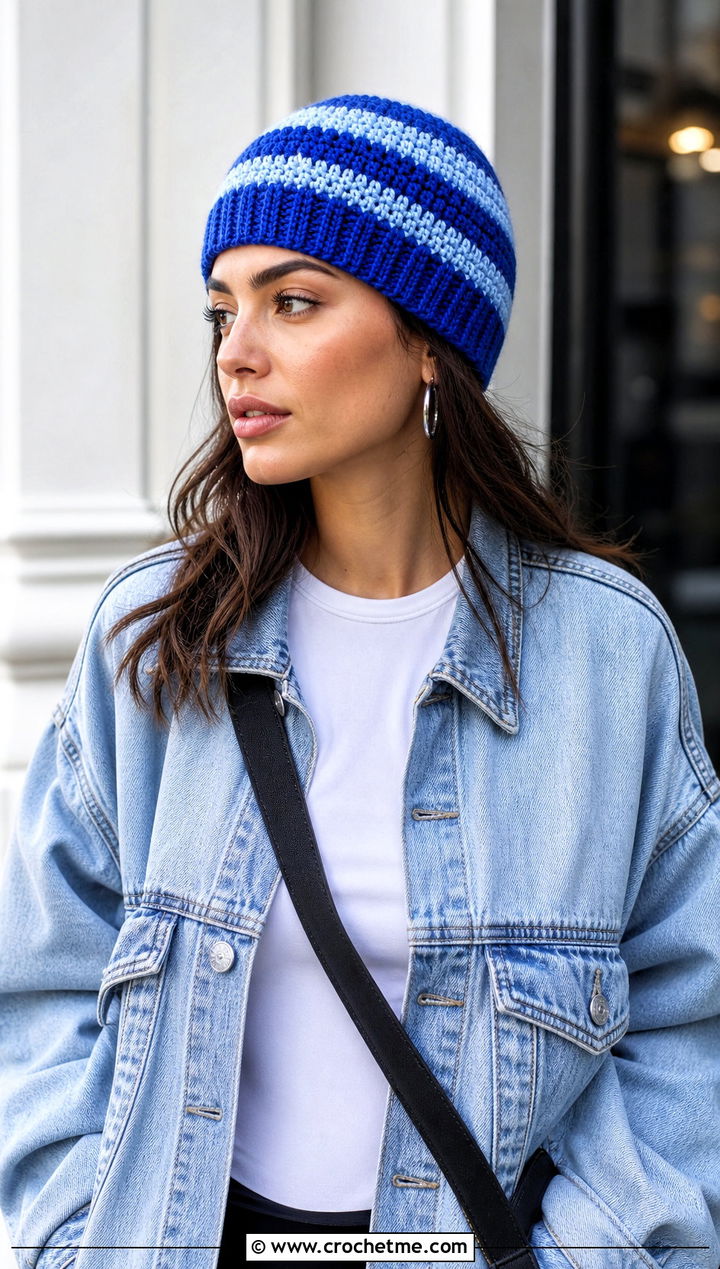 Ribbed Cuff Striped Crochet Beanie With Denim Jacket - 15 Crochet Striped Beanies outfit ideas
