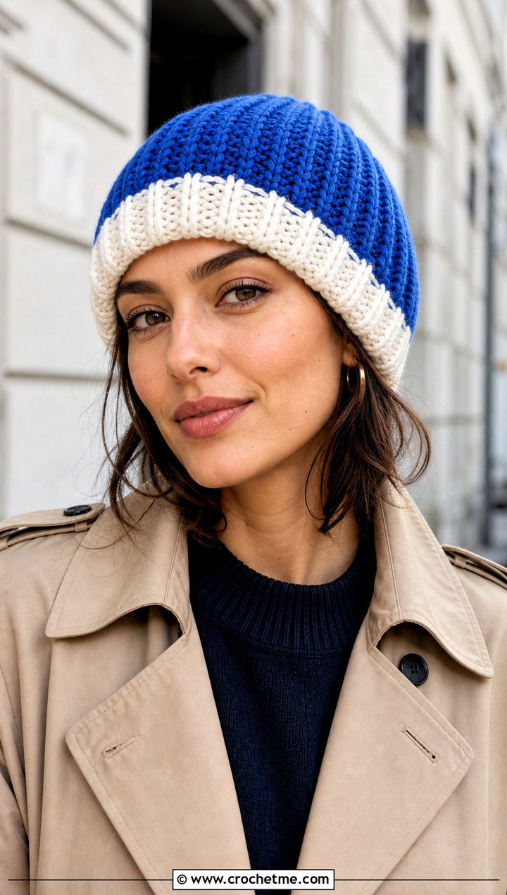 Ribbed Cuff Two Tone Crochet Beanie With Trench Coat - 15 two tone crochet beanie outfit ideas