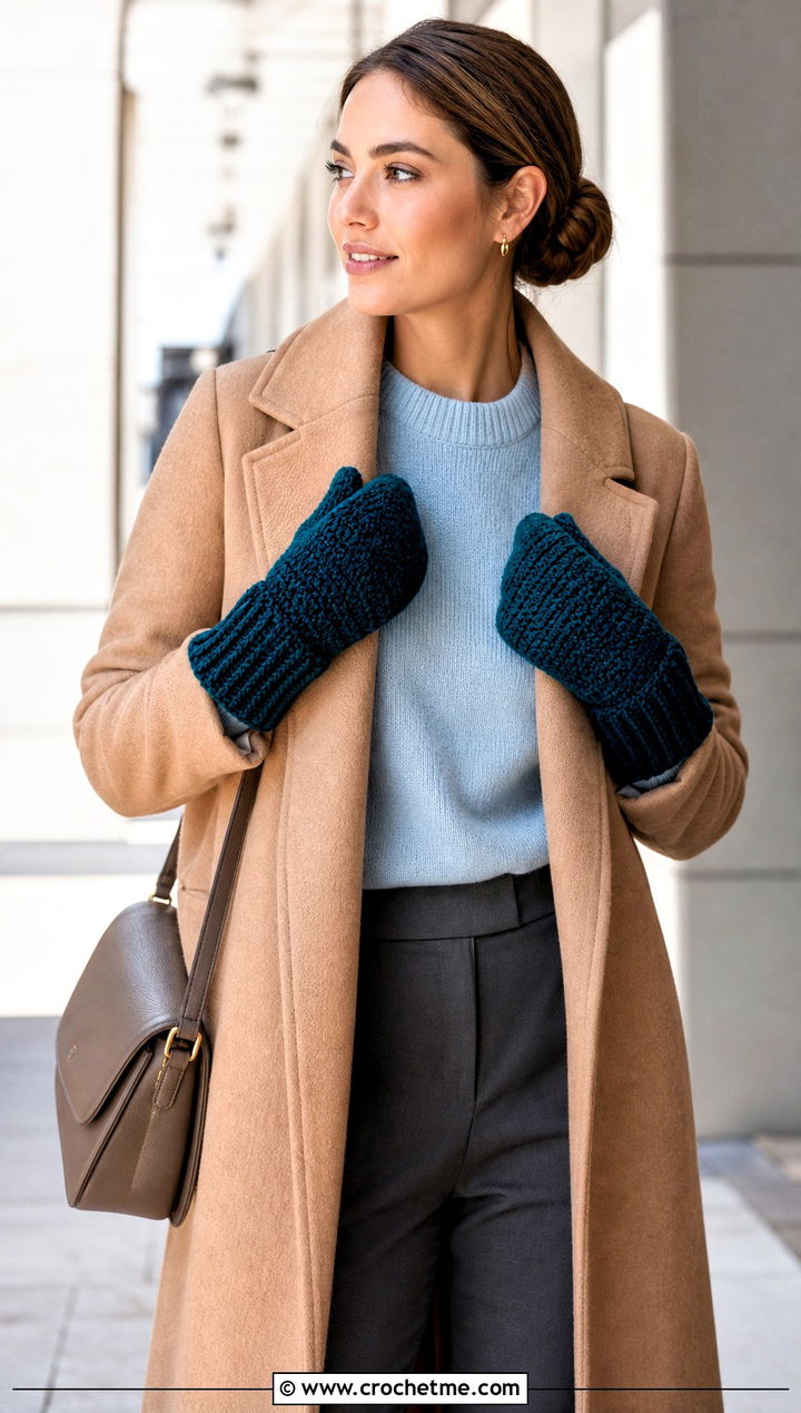 Ribbed Cuff Velvet Crochet Mittens With Wool Coat - 20 velvet crochet mittens outfit ideas
