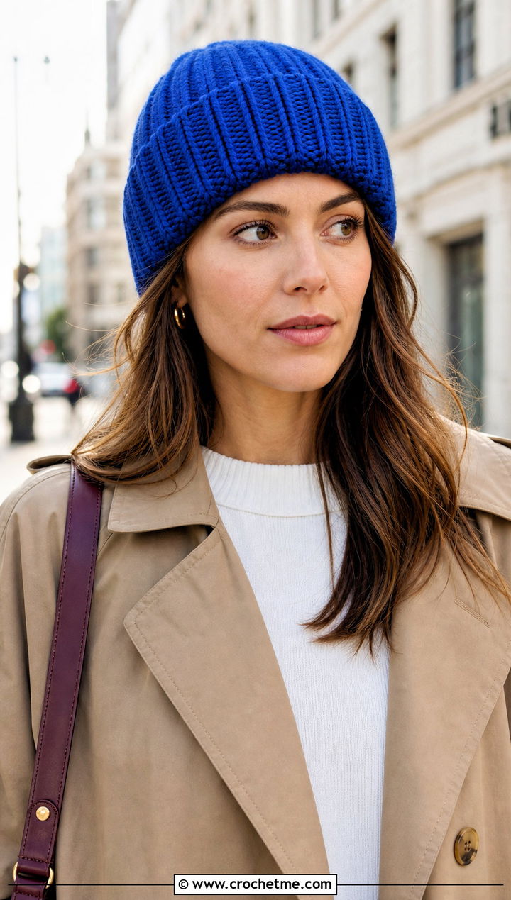 Ribbed Cuff Worsted Crochet Beanie With Trench Coat And Jeans - 15 Worsted Crochet Beanie outfit ideas