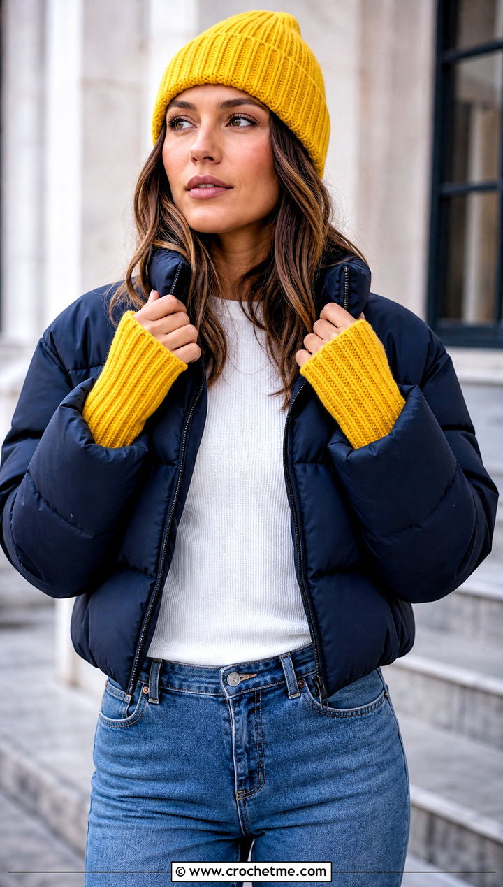 Ribbed Cuffed Beanie And Wrist Warmers With Puffer Jacket - 15 Crochet Hat With Hand Warmer outfit ideas