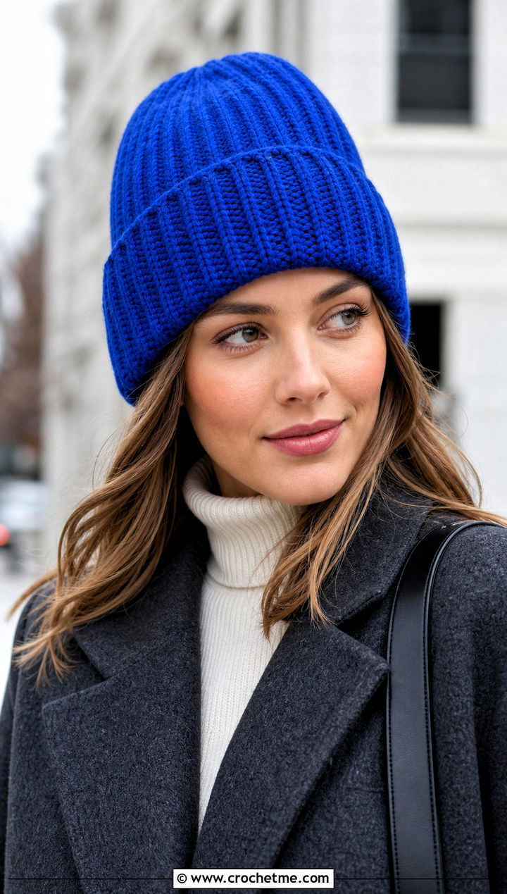 Ribbed Cuffed Beanie With Wool Coat - 25 one skein crochet hat outfit ideas