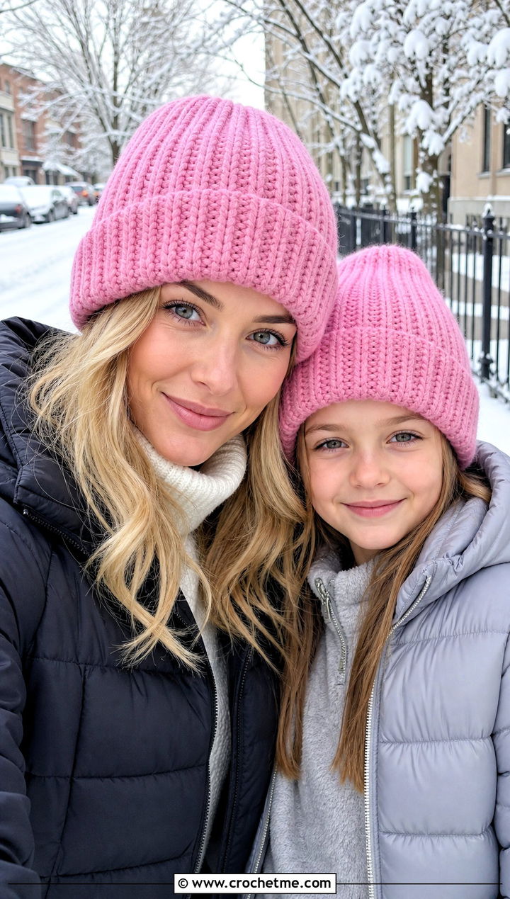 Ribbed Cuffed Beanies With Puffer Jackets - 20 Mother Daughter Crochet Hats outfit ideas
