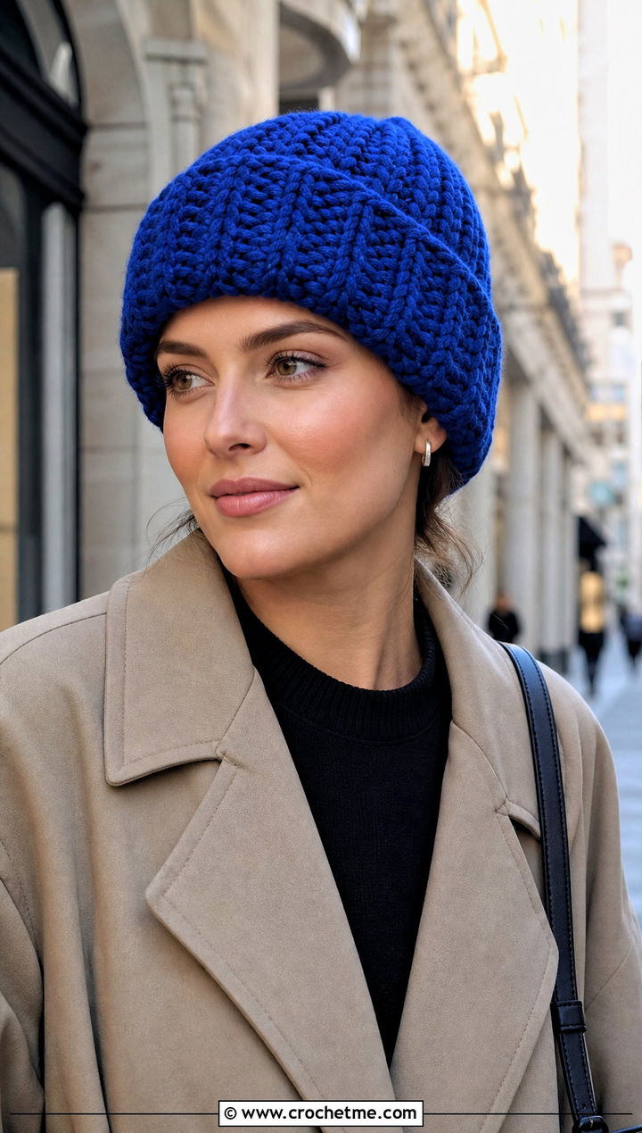 Ribbed Cuffed Bulky Yarn Crochet Beanie With Trench Coat - 30 bulky yarn crochet beanie outfit ideas