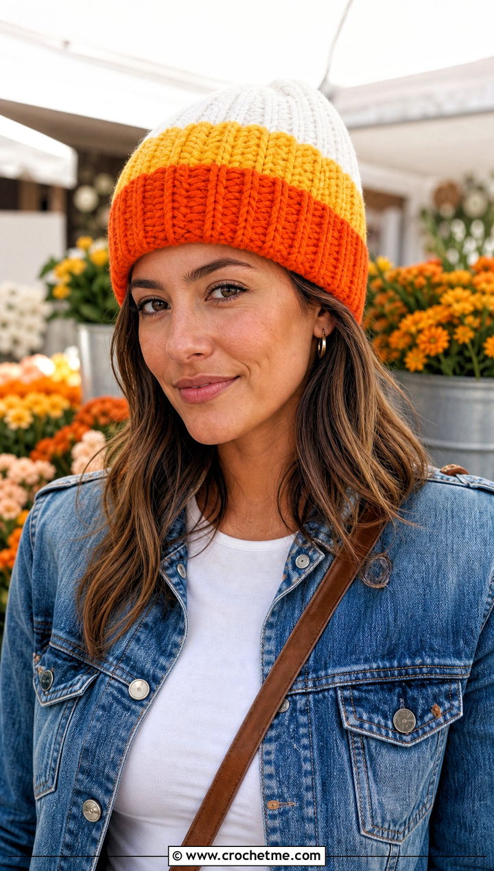 Ribbed Cuffed Candy Corn Crochet Beanie With Straight Leg Jeans - 15 candy corn crochet beanie outfit ideas
