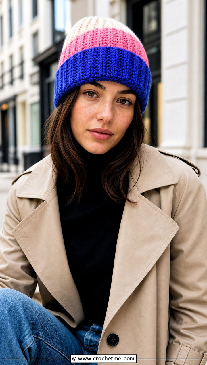 Ribbed Cuffed Color Block Crochet Beanie With Trench Coat - 20 Color Block Crochet Beanie outfit ideas