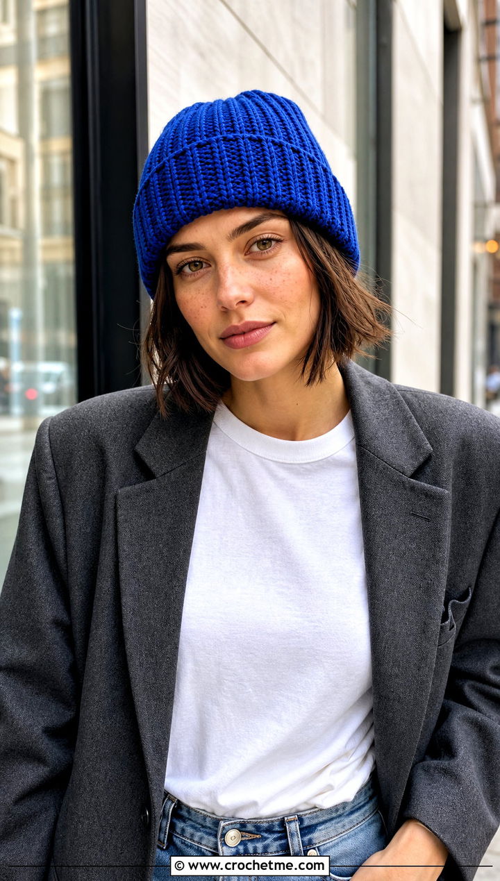 Ribbed Cuffed Crochet Beanie With Blazer And Jeans - 15 Crochet Textured Beanie outfit ideas
