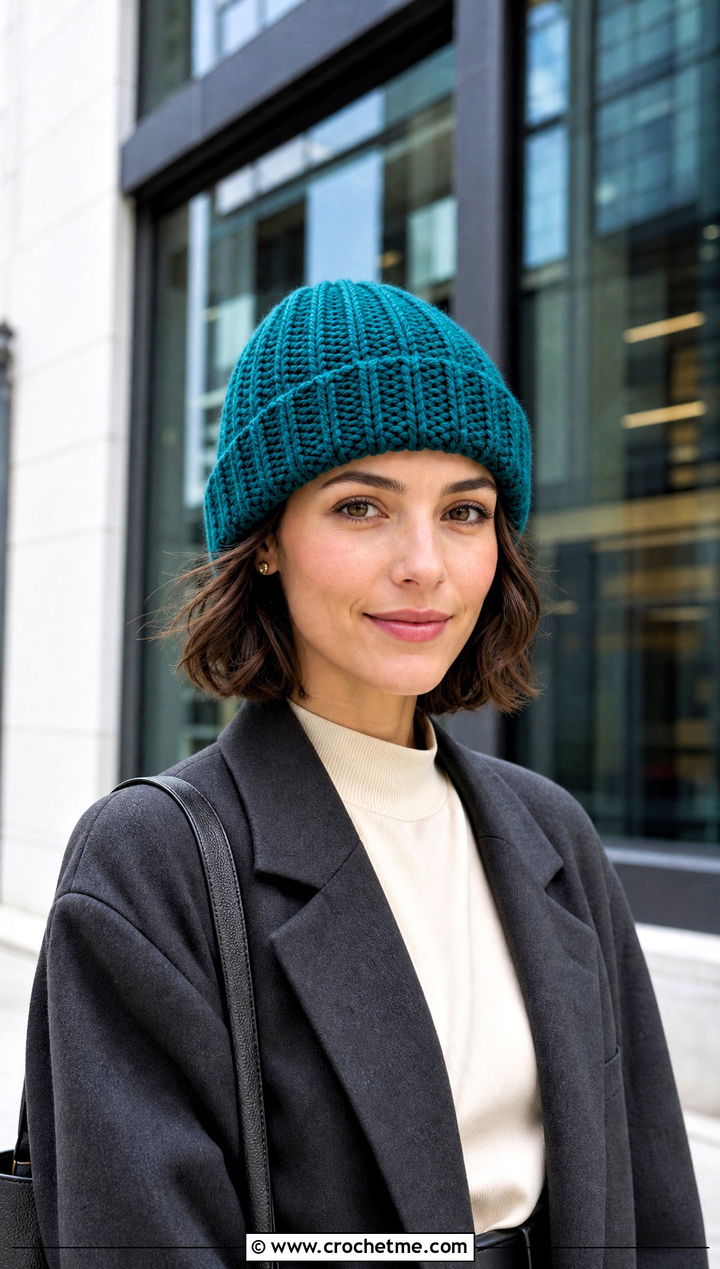 Ribbed Cuffed Crochet Beanie With Blazer And Trousers - 20 Boho Crochet Beanie outfit ideas
