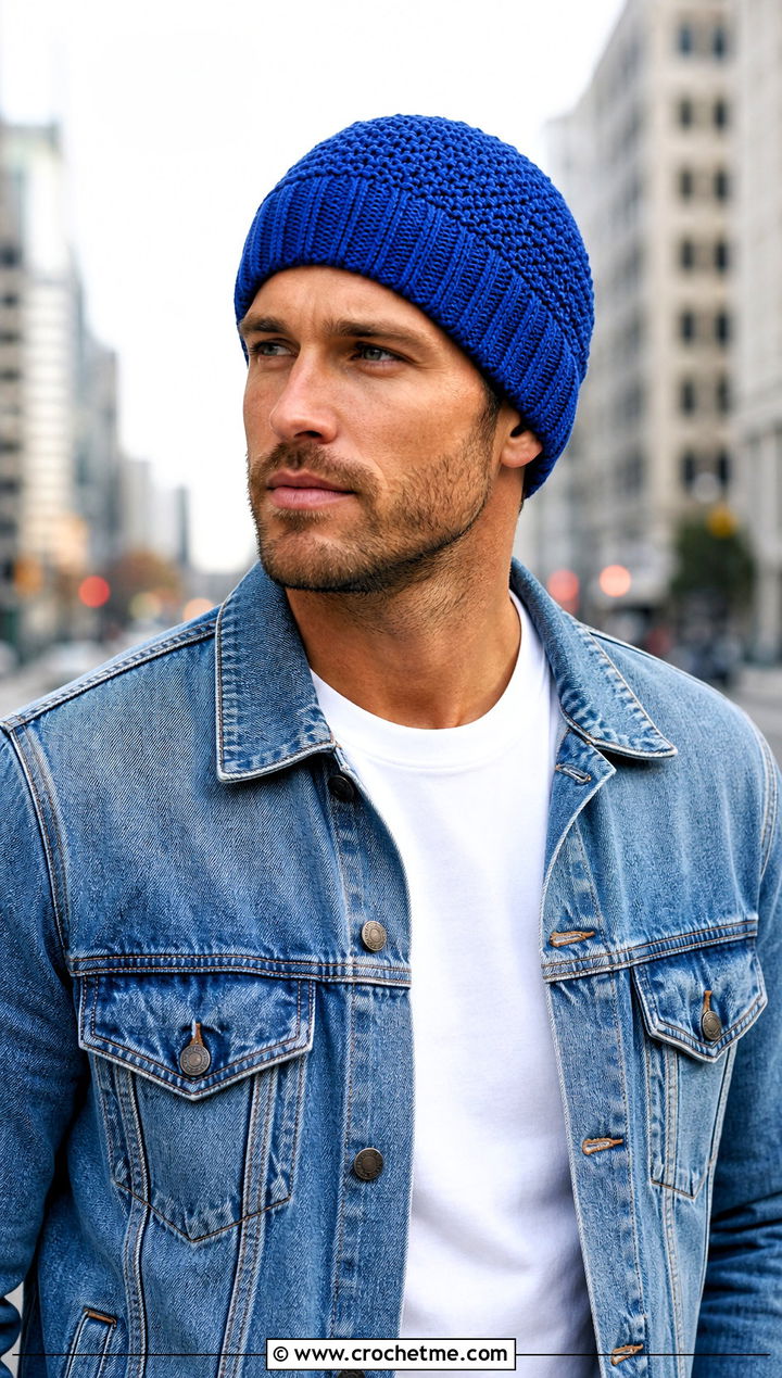 Ribbed Cuffed Crochet Beanie With Denim Jacket - 30 men crochet hat outfit ideas