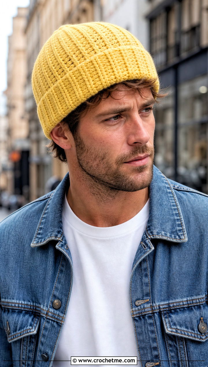 Ribbed Cuffed Crochet Beanie With Denim Jacket - 25 easy men's crochet beanie outfit ideas