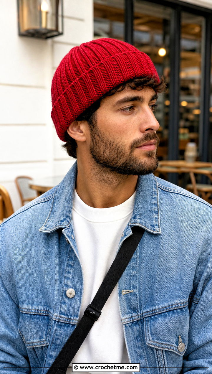 Ribbed Cuffed Crochet Beanie With Denim Jacket - 15 men's crochet beanies outfit ideas