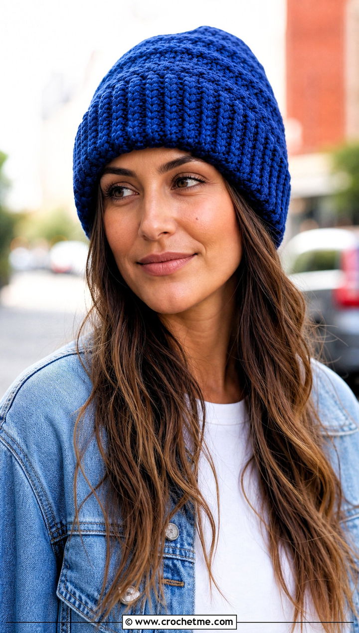 Ribbed Cuffed Crochet Beanie With Denim Jacket - 20 Fun Crochet Beanie outfit ideas