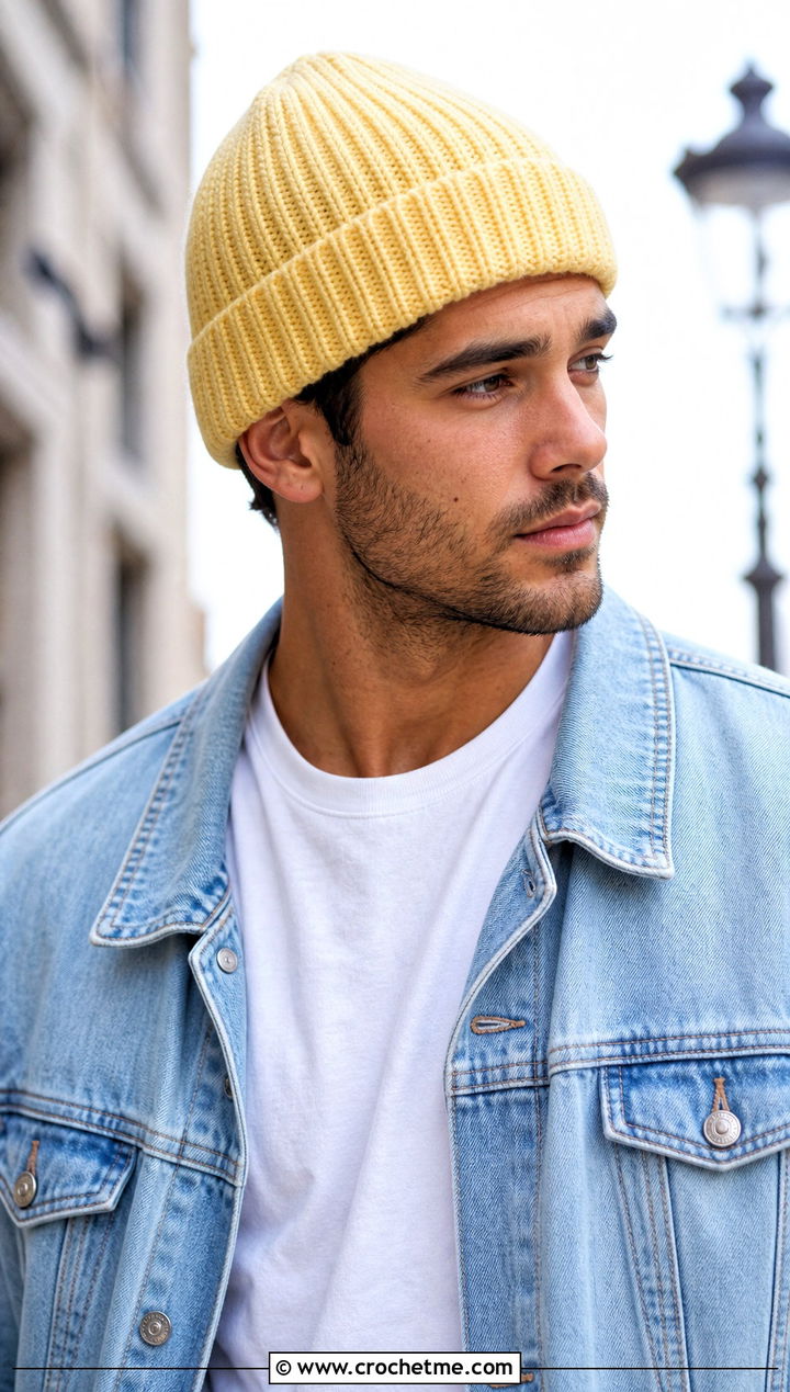 Ribbed Cuffed Crochet Beanie With Denim Jacket - 30 crochet man beanie outfit ideas
