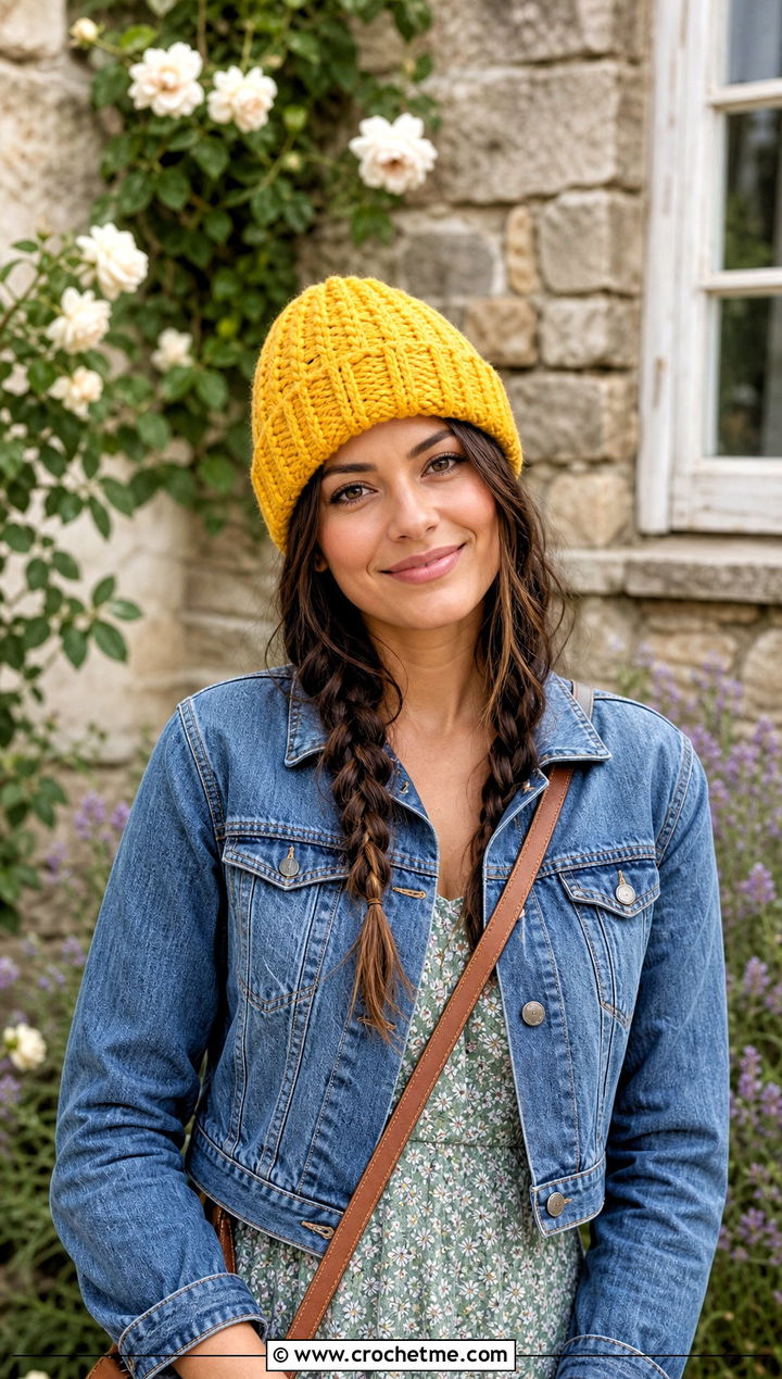 Ribbed Cuffed Crochet Beanie With Floral Midi Dress - 25 country cottage crochet beanie outfit ideas