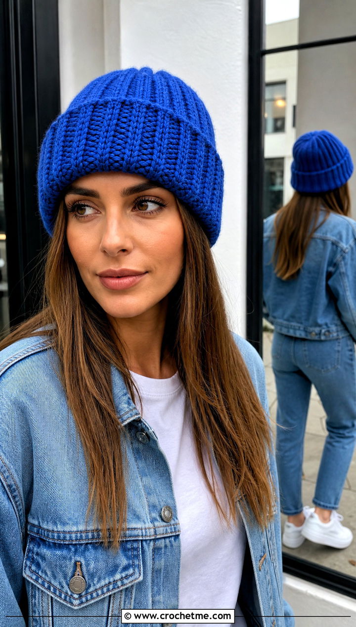 Ribbed Cuffed Crochet Beanie With Jeans And White Tee - 25 beginner crochet beanie outfit ideas