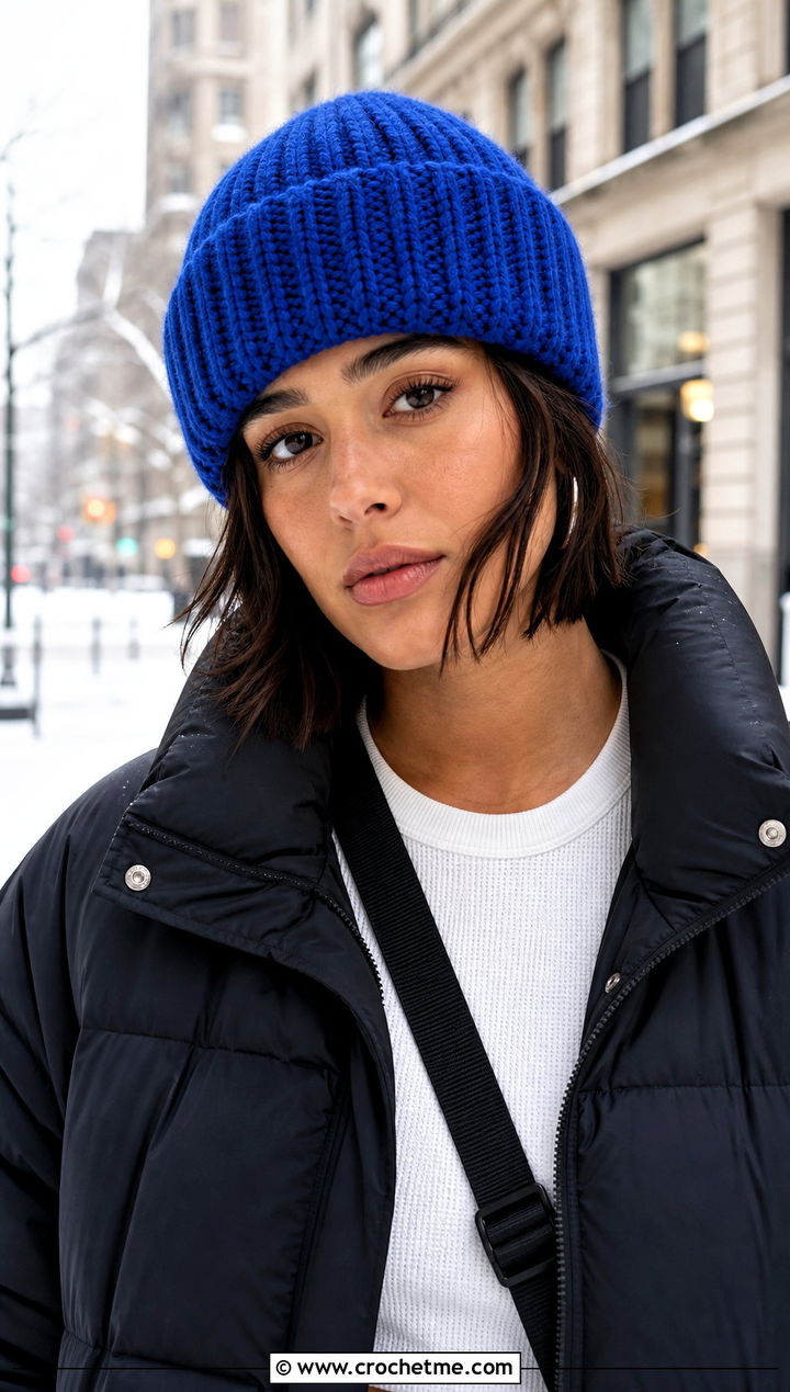 Ribbed Cuffed Crochet Beanie With Puffer Jacket - 15 diy crochet winter hat outfit ideas