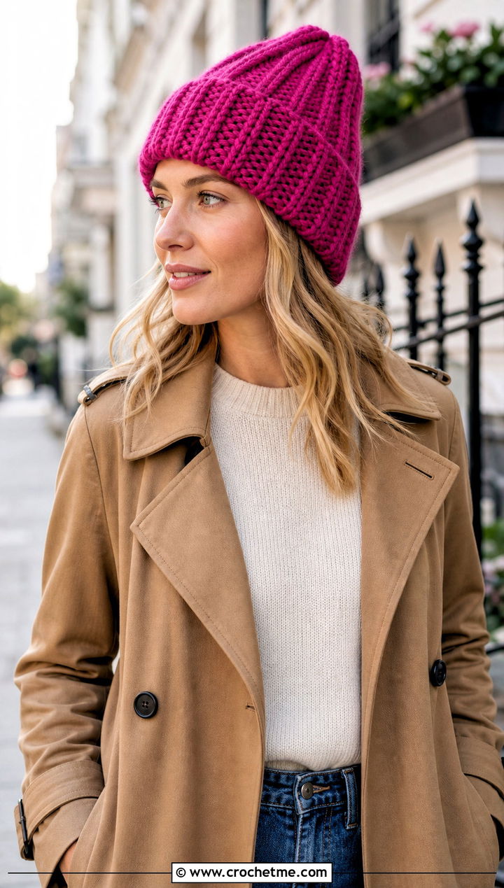 Ribbed Cuffed Crochet Beanie With Trench Coat - 25 Fall Crochet Beanie outfit ideas