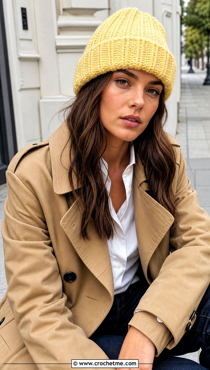 Ribbed Cuffed Crochet Beanie With Trench Coat - 15 crochet beany hat outfit ideas