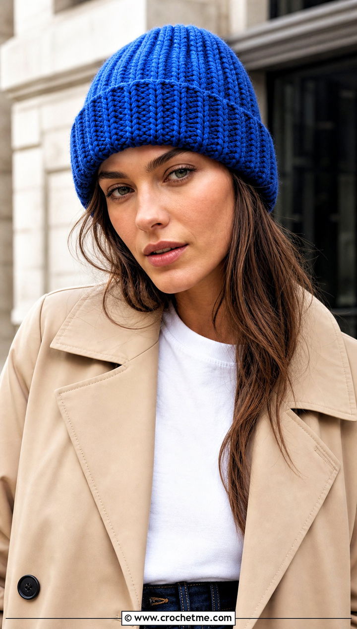 Ribbed Cuffed Crochet Beanie With Trench Coat And Jeans - 15 Easy Crochet Beanies For Beginners outfit ideas