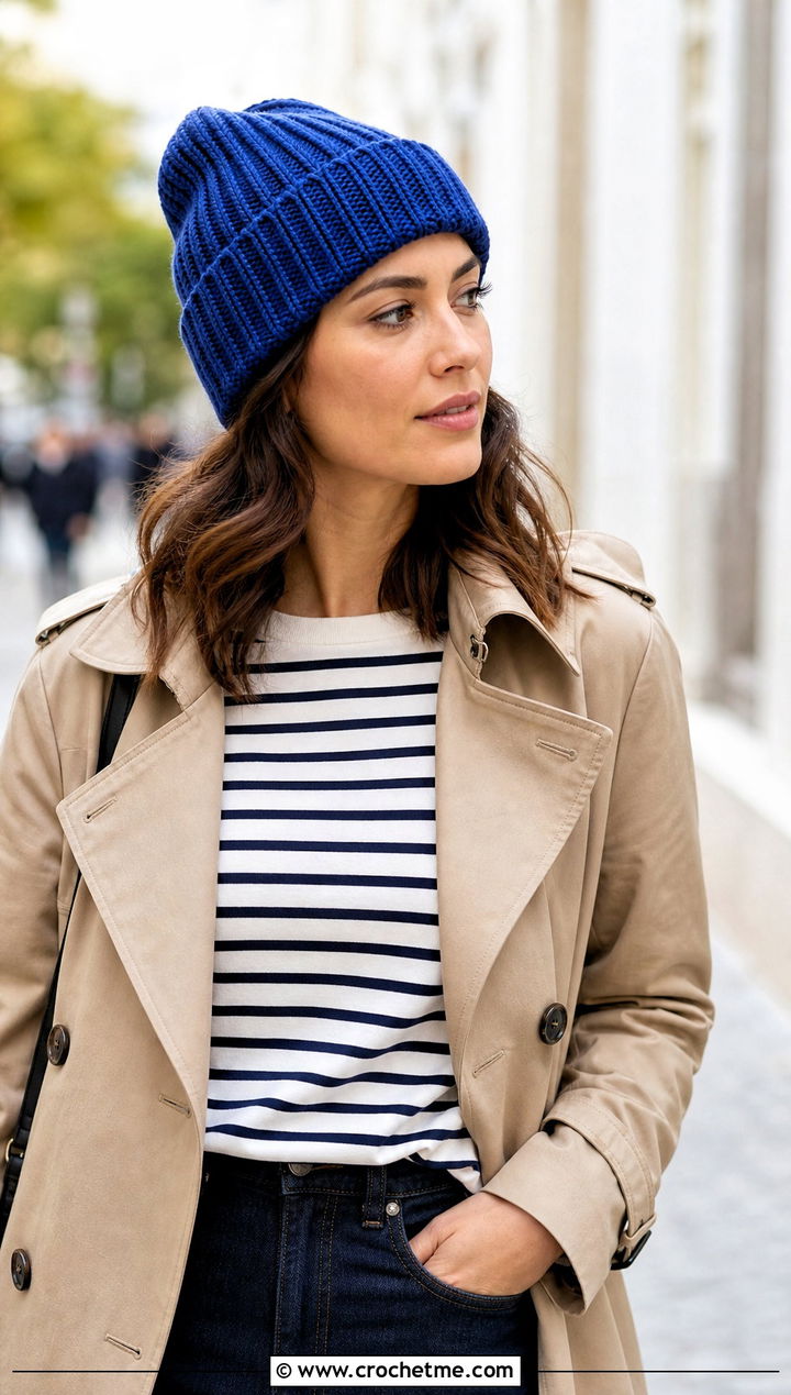 Ribbed Cuffed Crochet Beanie With Trench Coat And Jeans - 20 unique crochet beanie outfit ideas