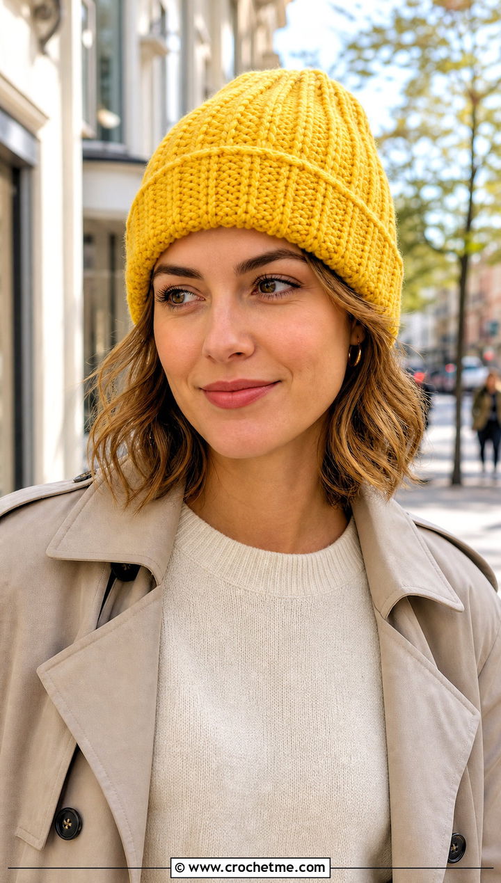 Ribbed Cuffed Crochet Beanie With Trench Coat And Jeans - 25 Crochet Beanie Size 4 Yarn outfit ideas