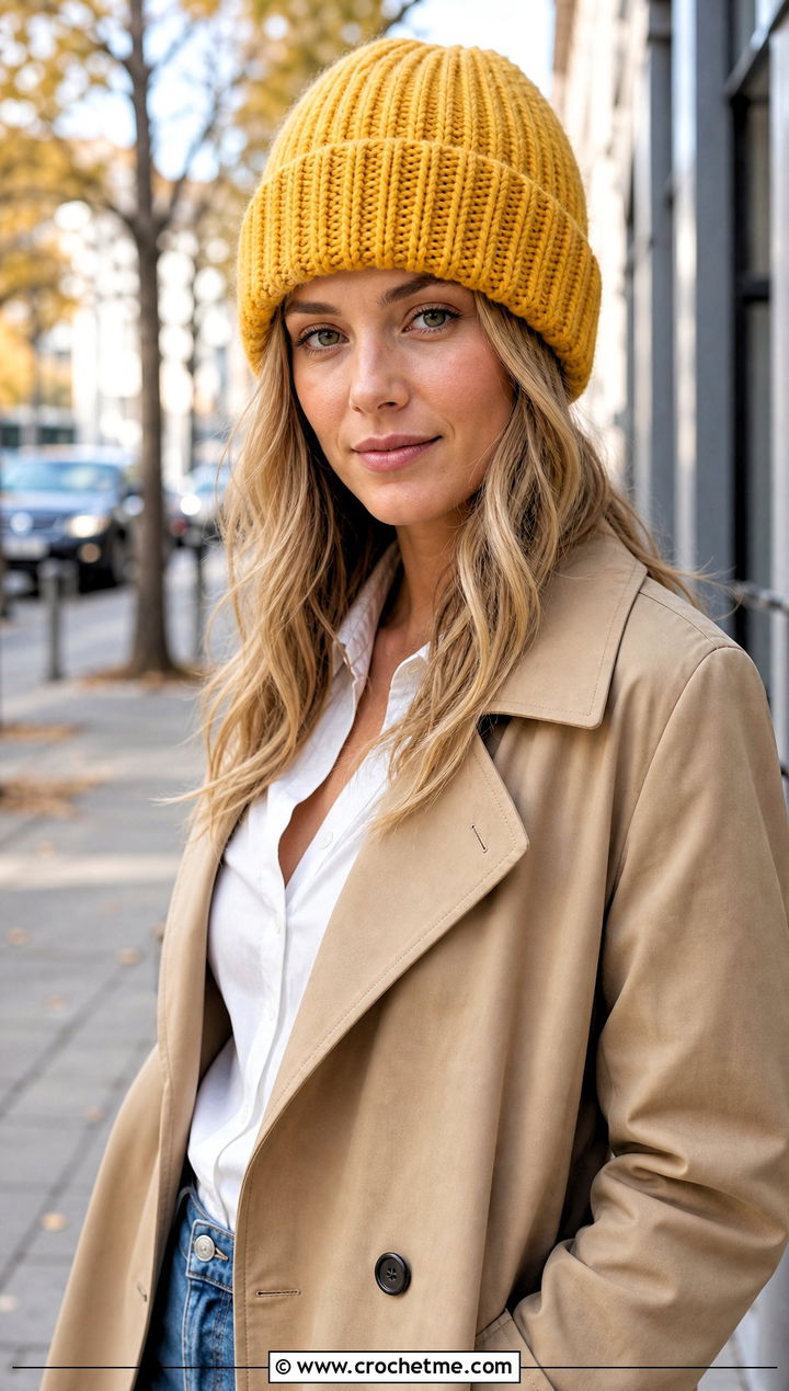 Ribbed Cuffed Crochet Beanie With Trench Coat And Jeans - 30 crochet fall beanie outfit ideas