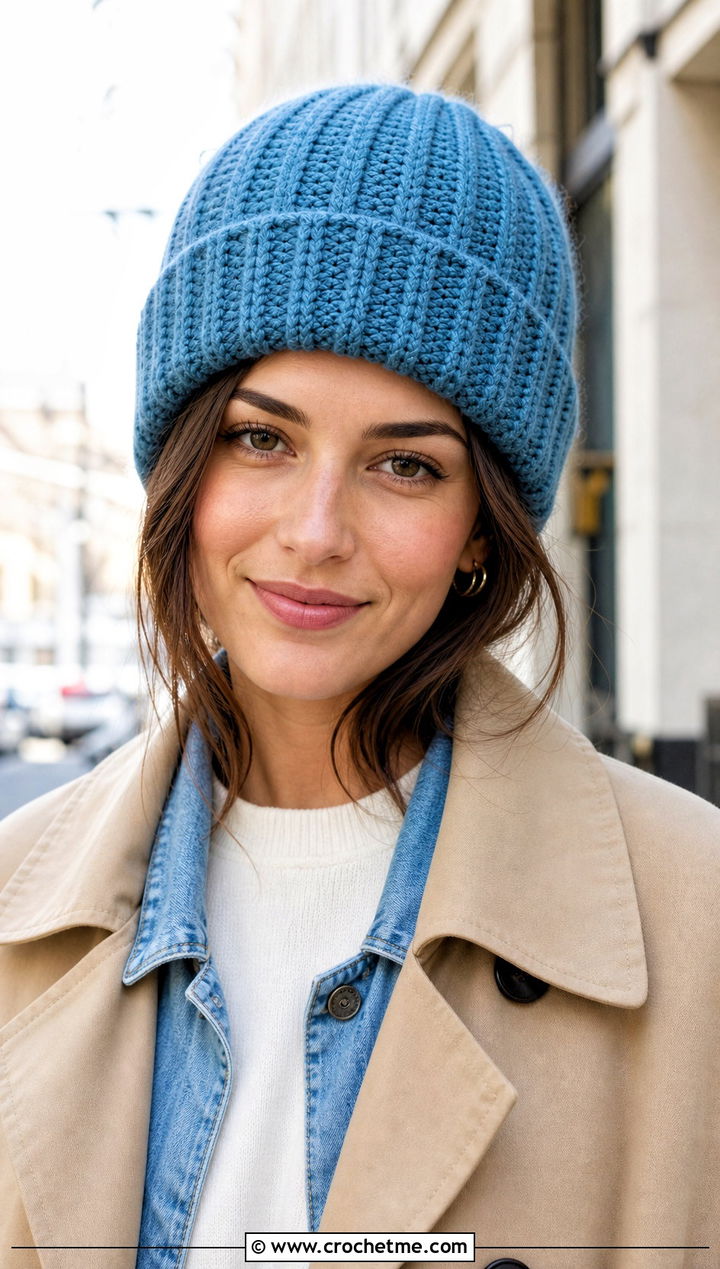 Ribbed Cuffed Crochet Beanie With Trench Coat - 30 crochet beanies for women outfit ideas