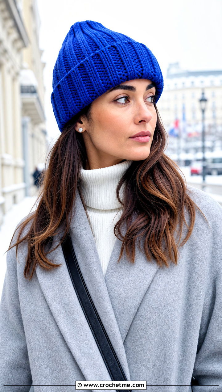 Ribbed Cuffed Crochet Beanie With Wool Coat - 30 knit look crochet beanie outfit ideas
