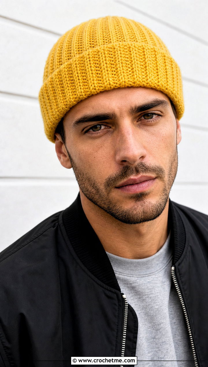Ribbed Cuffed Crochet Chemo Cap With Bomber Jacket - 25 Crochet Chemo Caps For Men outfit ideas