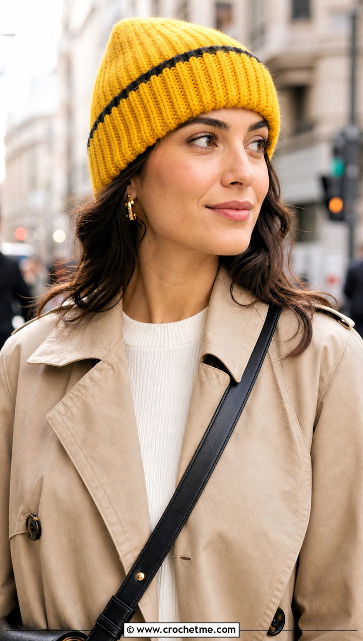 Ribbed Cuffed Hufflepuff Crochet Beanie With Trench Coat - 15 Hufflepuff Crochet Hat outfit ideas