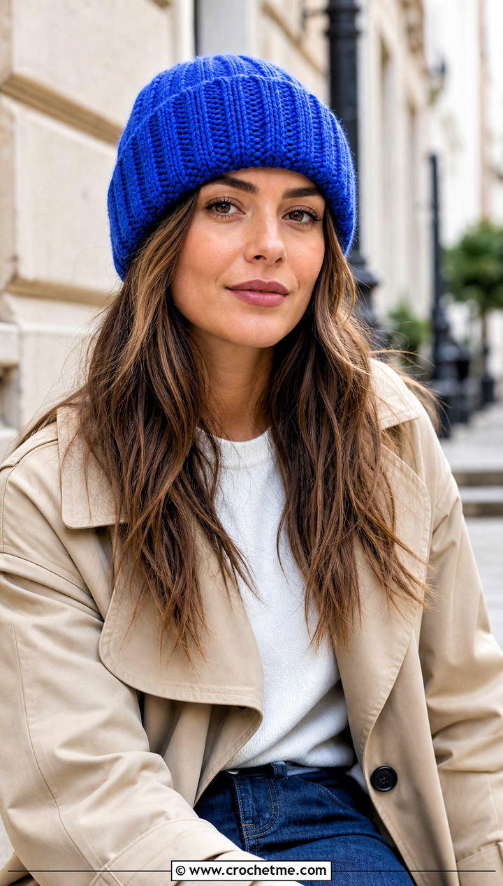 Ribbed Cuffed Knit Look Crochet Beanie With Trench Coat - 20 Crochet Beanie That Looks Like Knit outfit ideas