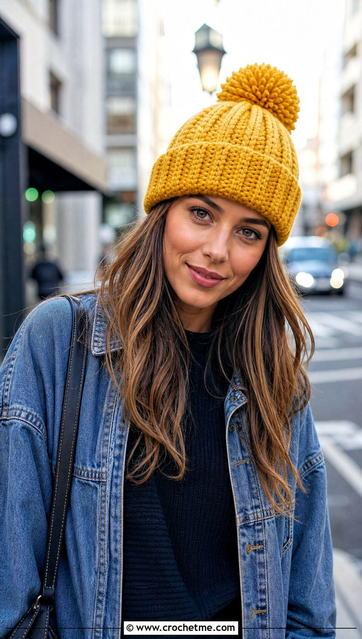 Ribbed Cuffed Pom Pom Beanie With Denim Jacket - 30 crochet beanie with pom pom outfit ideas