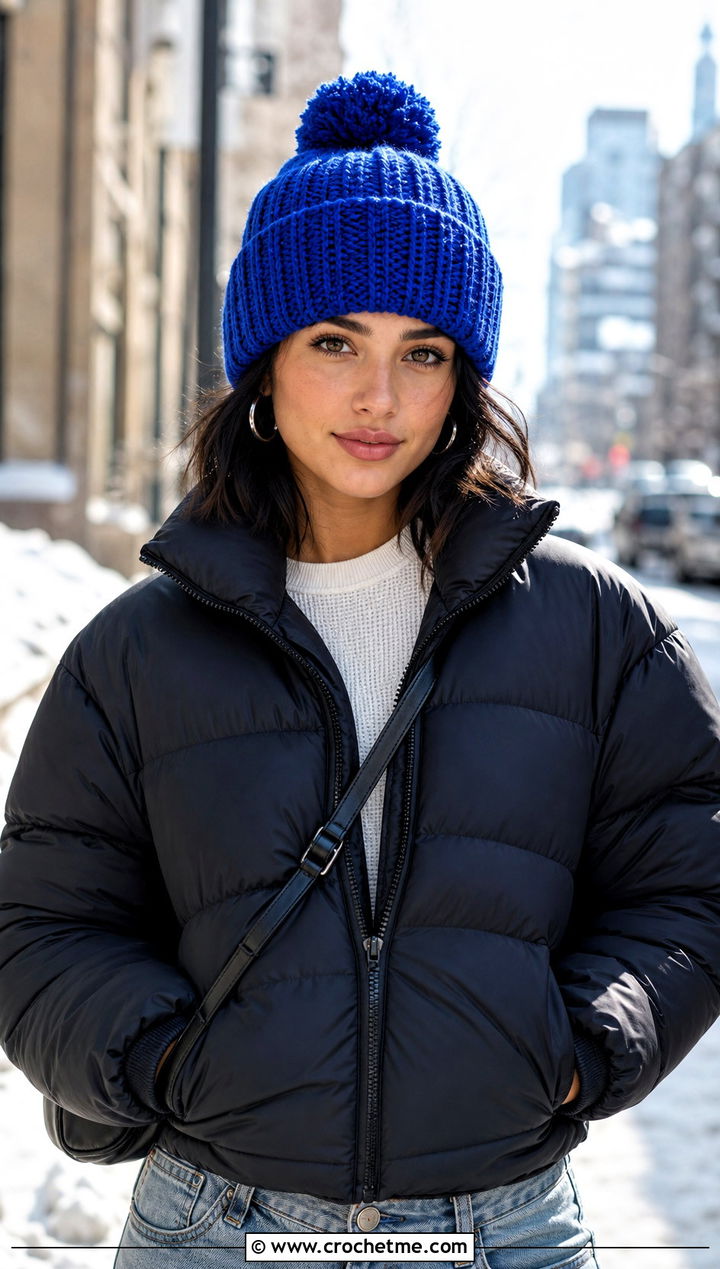 Ribbed Cuffed Pom Pom Crochet Hat With Puffer Jacket And Jeans - 30 crochet hat with pom pom outfit ideas