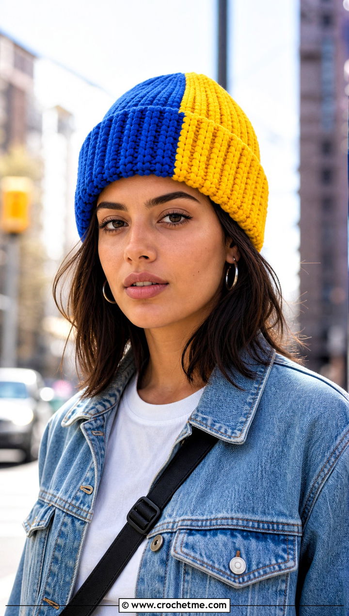Ribbed Cuffed Split Color Crochet Beanie With Denim Jacket - 15 Split Color Crochet Beanie outfit ideas