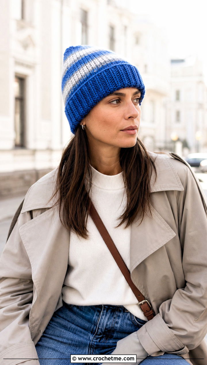 Ribbed Cuffed Striped Crochet Beanie With Trench Coat - 25 striped crochet beanie outfit ideas