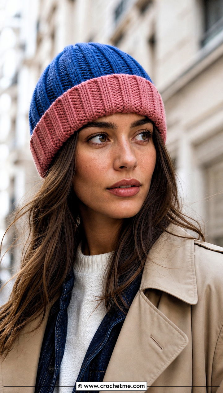 Ribbed Cuffed Two Color Crochet Beanie With Trench Coat - 30 two color crochet beanie outfit ideas