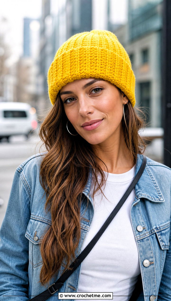 Ribbed Cuffed Wool Crochet Beanie With Denim Jacket - 25 Wool Crochet Hat outfit ideas