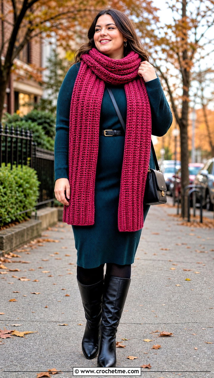 Ribbed Double Crochet Scarf With Sweater Dress And Tall Boots - 35 double crochet scarf outfit ideas