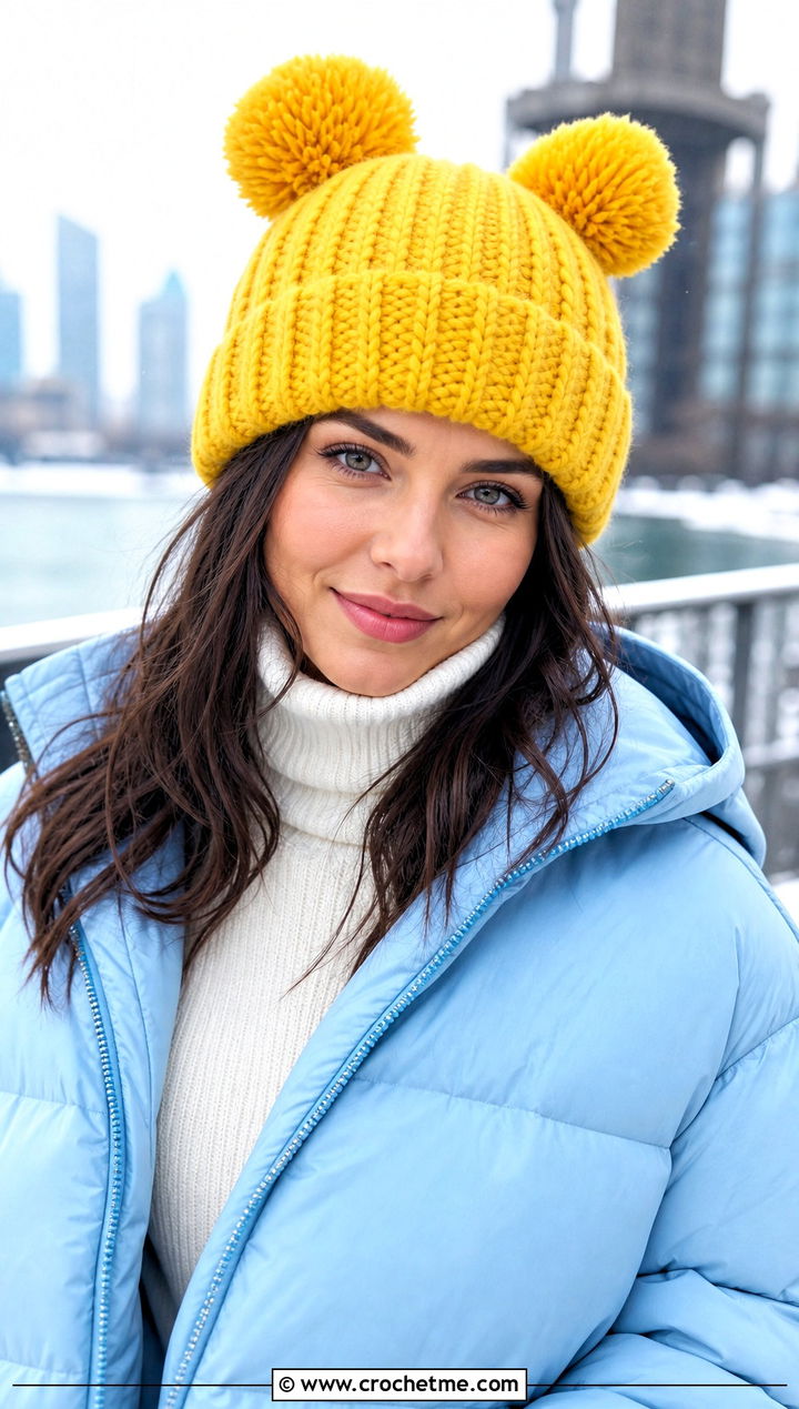 Ribbed Double Pom Pom Beanie With Puffer Jacket - 20 Crochet Hat With Two Pom Poms outfit ideas