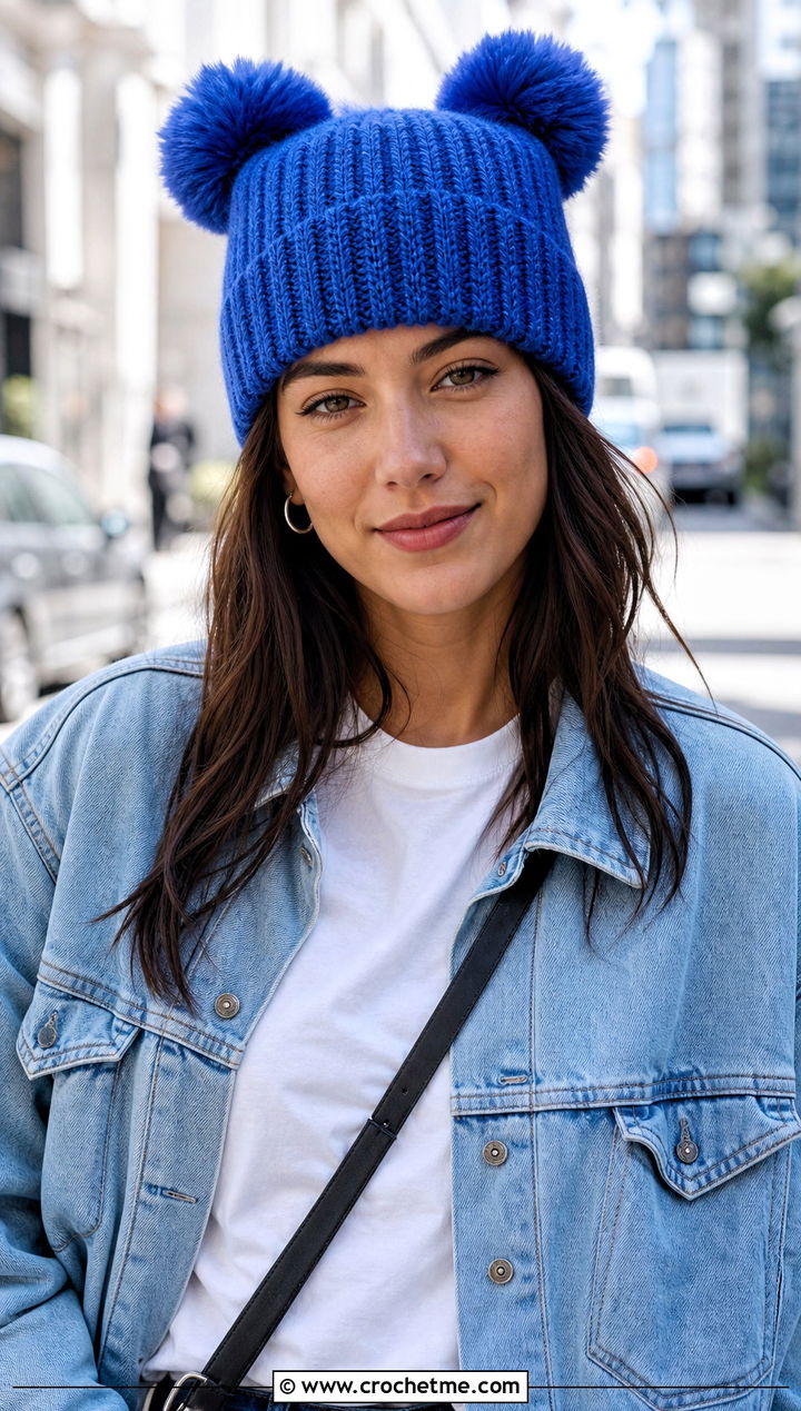 Ribbed Double Pom Pom Hat With Denim Jacket - 25 Crochet Double Pom Pom Hat outfit ideas