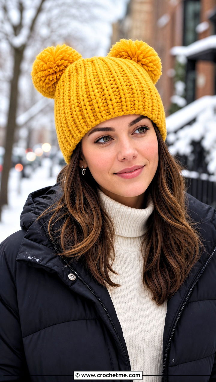 Ribbed Double Pompom Crochet Hat With Puffer Jacket - 25 Double Pompom Crochet Hat outfit ideas